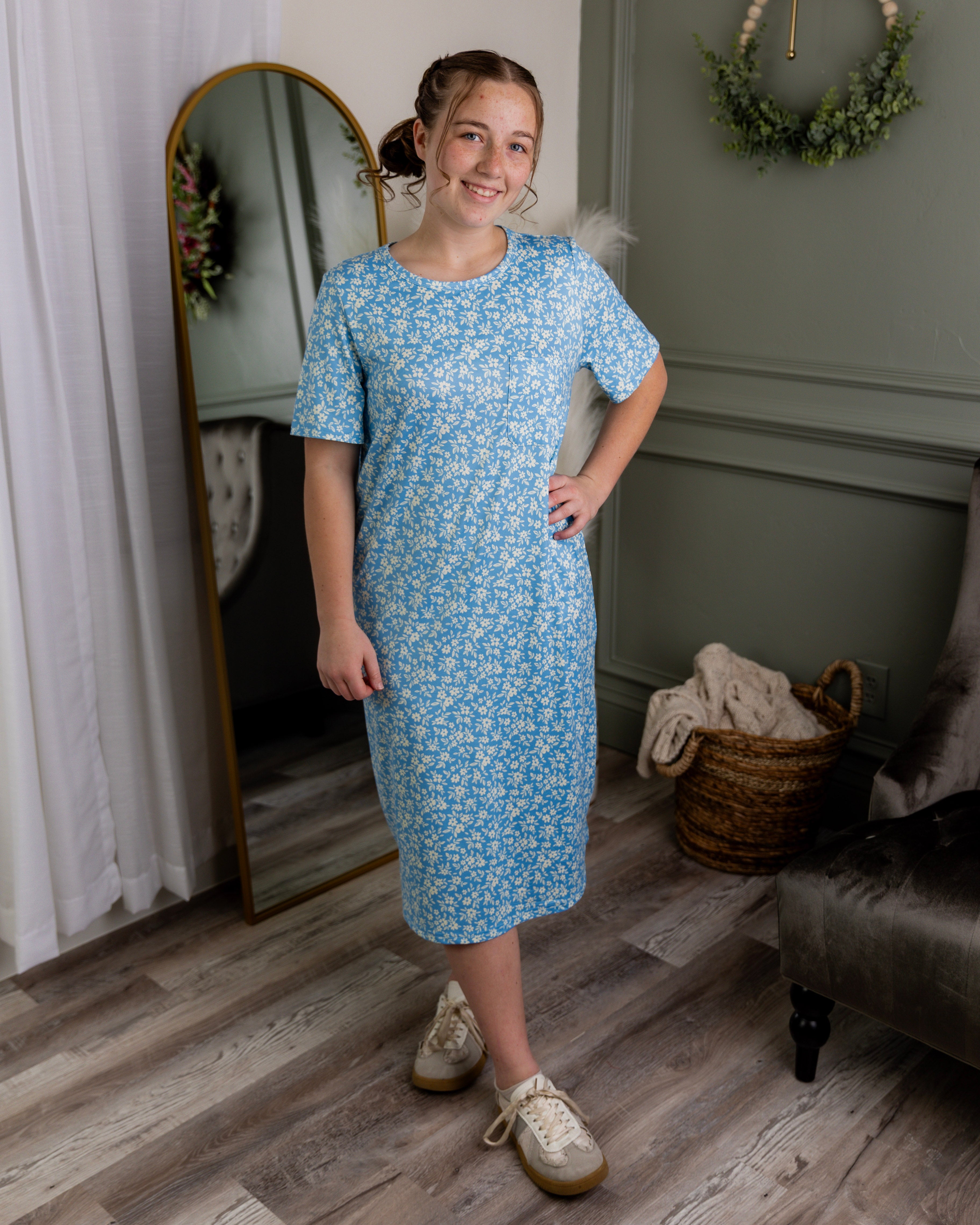 Model wearing Nuggles® Aviva Dress in Bluebell Drift