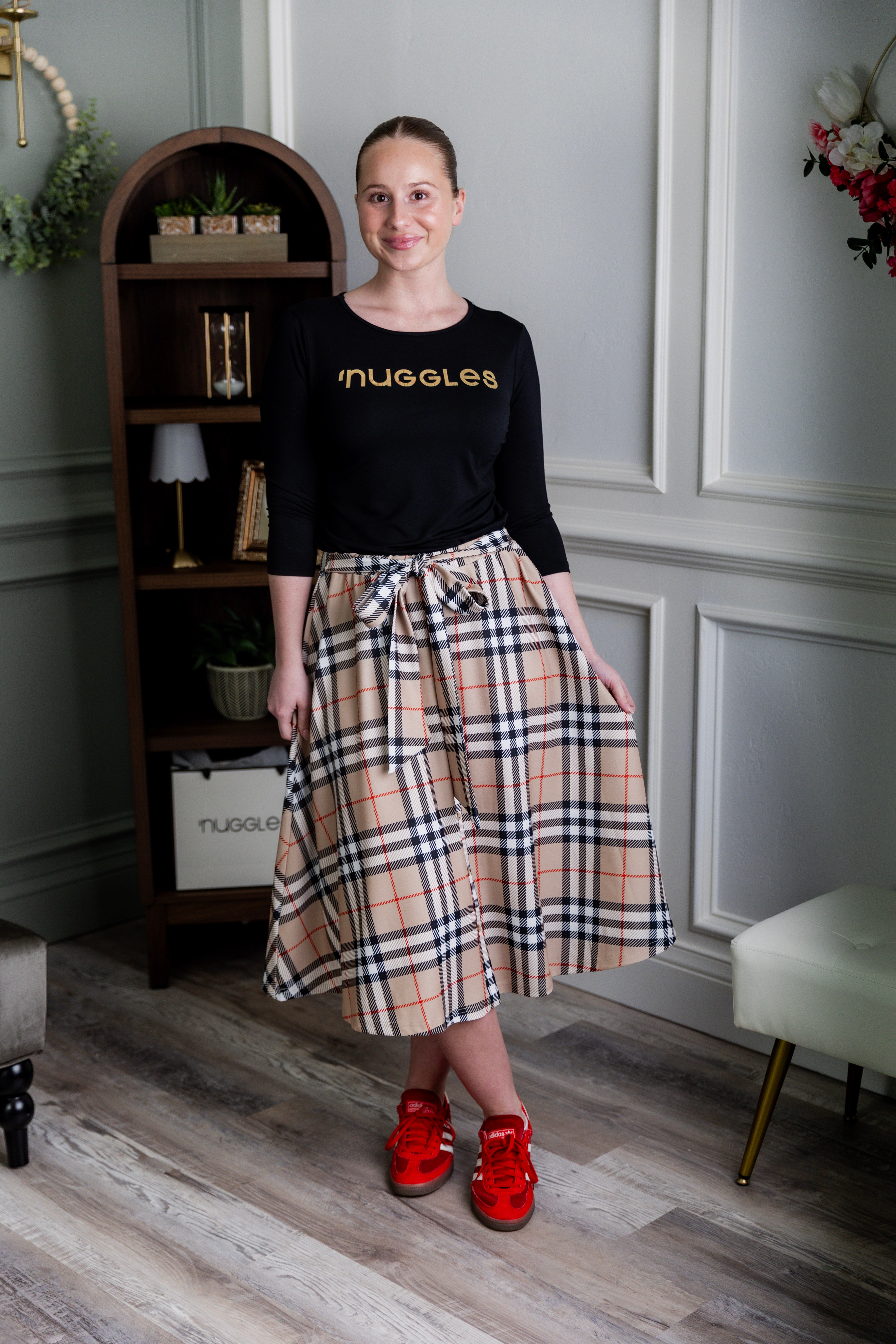 Nuggles® Bria Skirt Sand Plaid neutral plaid midi skirt with waist tie