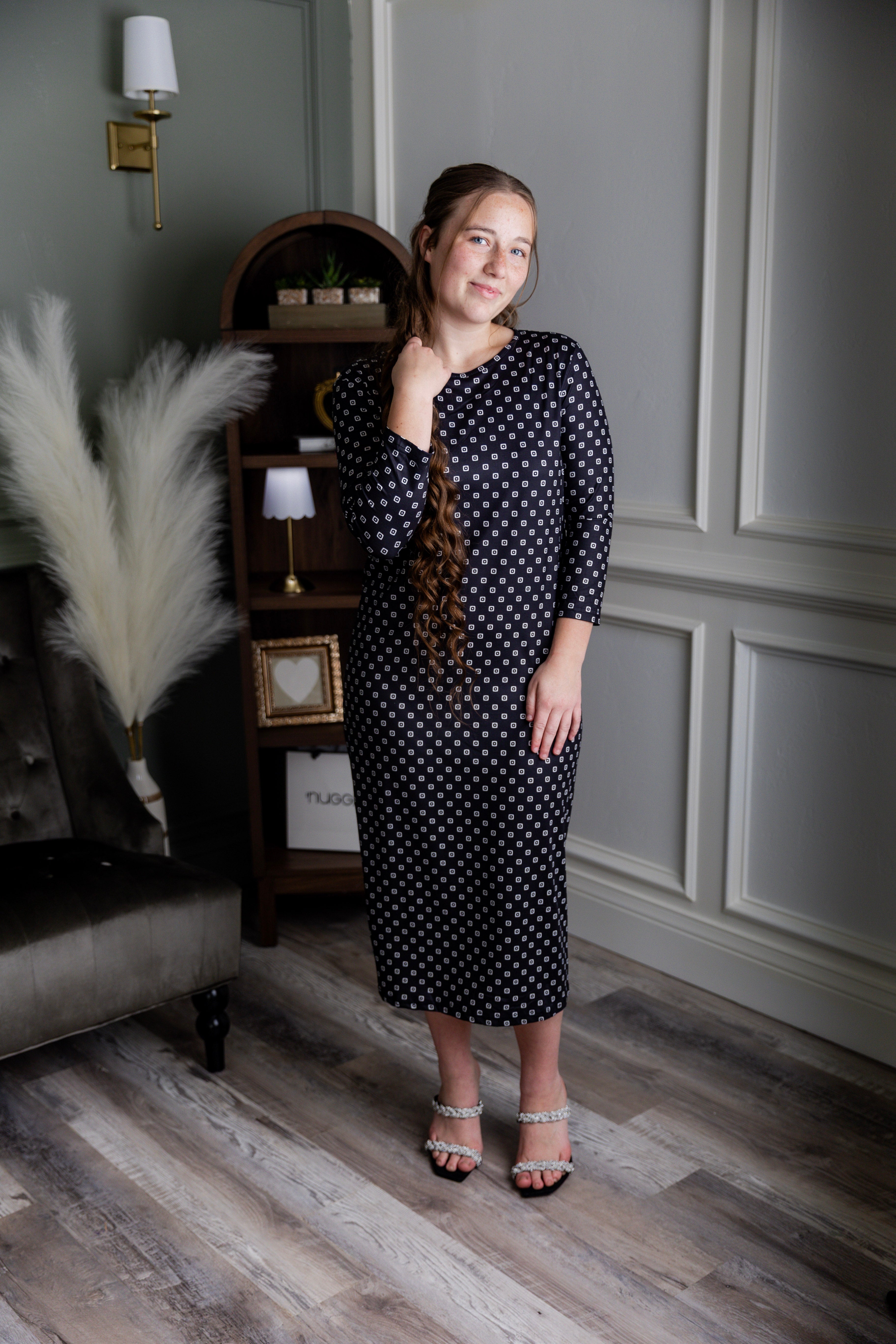 Model wearing the Nuggles® Original Midi Layering Dress in Midnight Mist