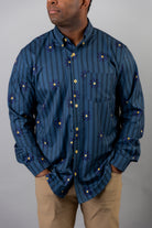 Model wearing Nuggles® Men's Button Down Shirt in Pinstripe Ditsy
