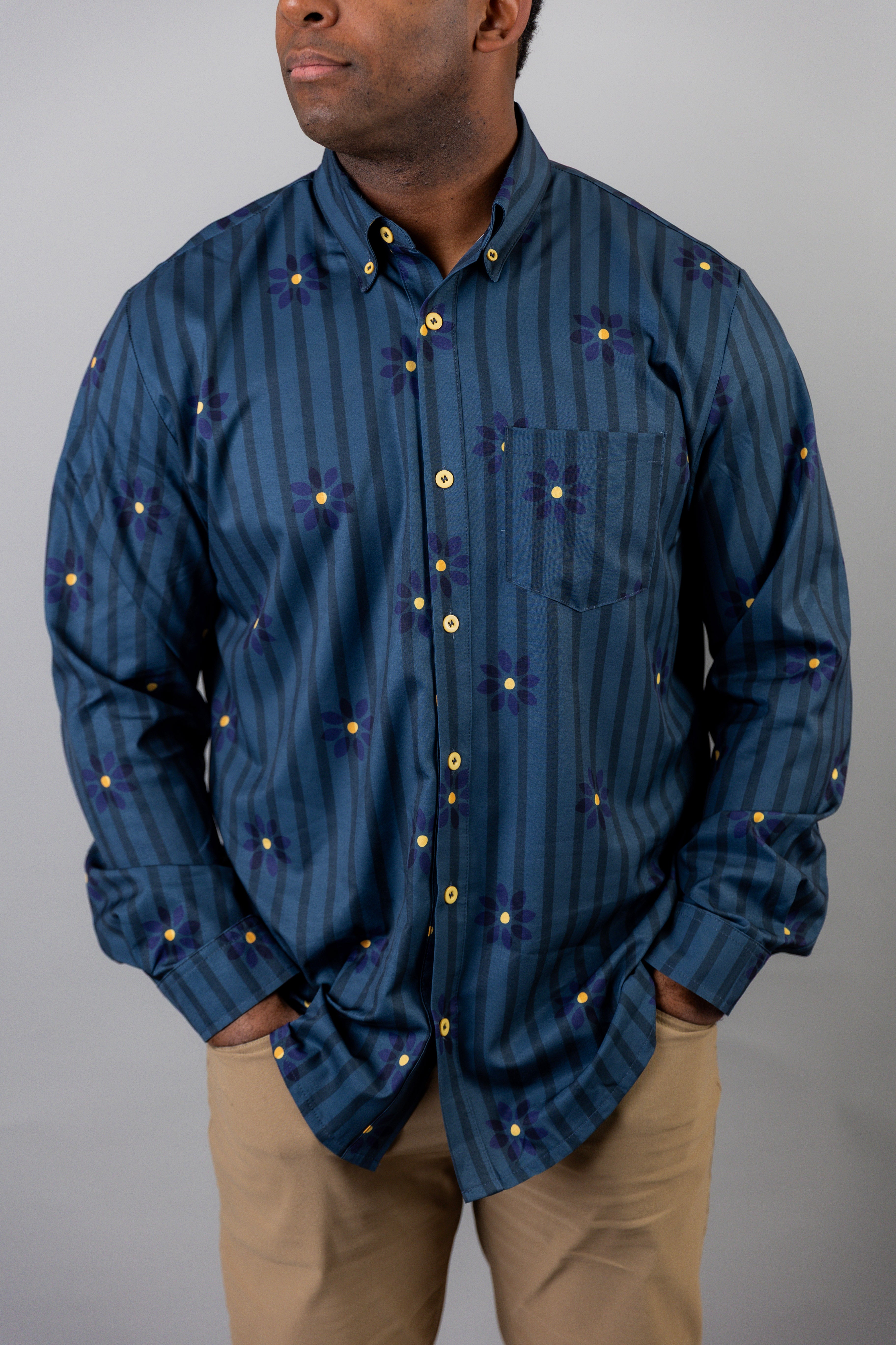 Model wearing Nuggles® Men's Button Down Shirt in Pinstripe Ditsy