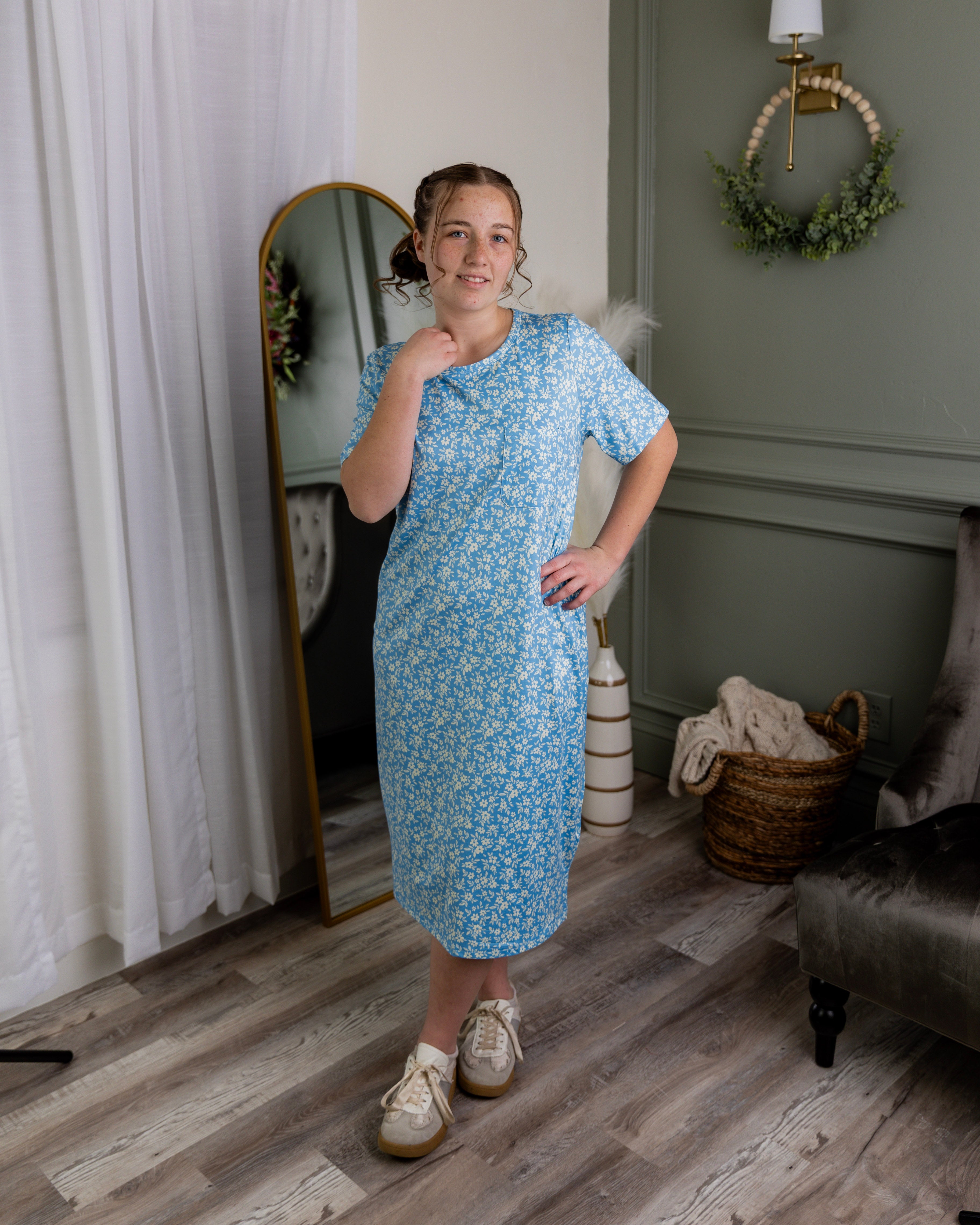 Model wearing Nuggles® Aviva Dress in Bluebell Drift