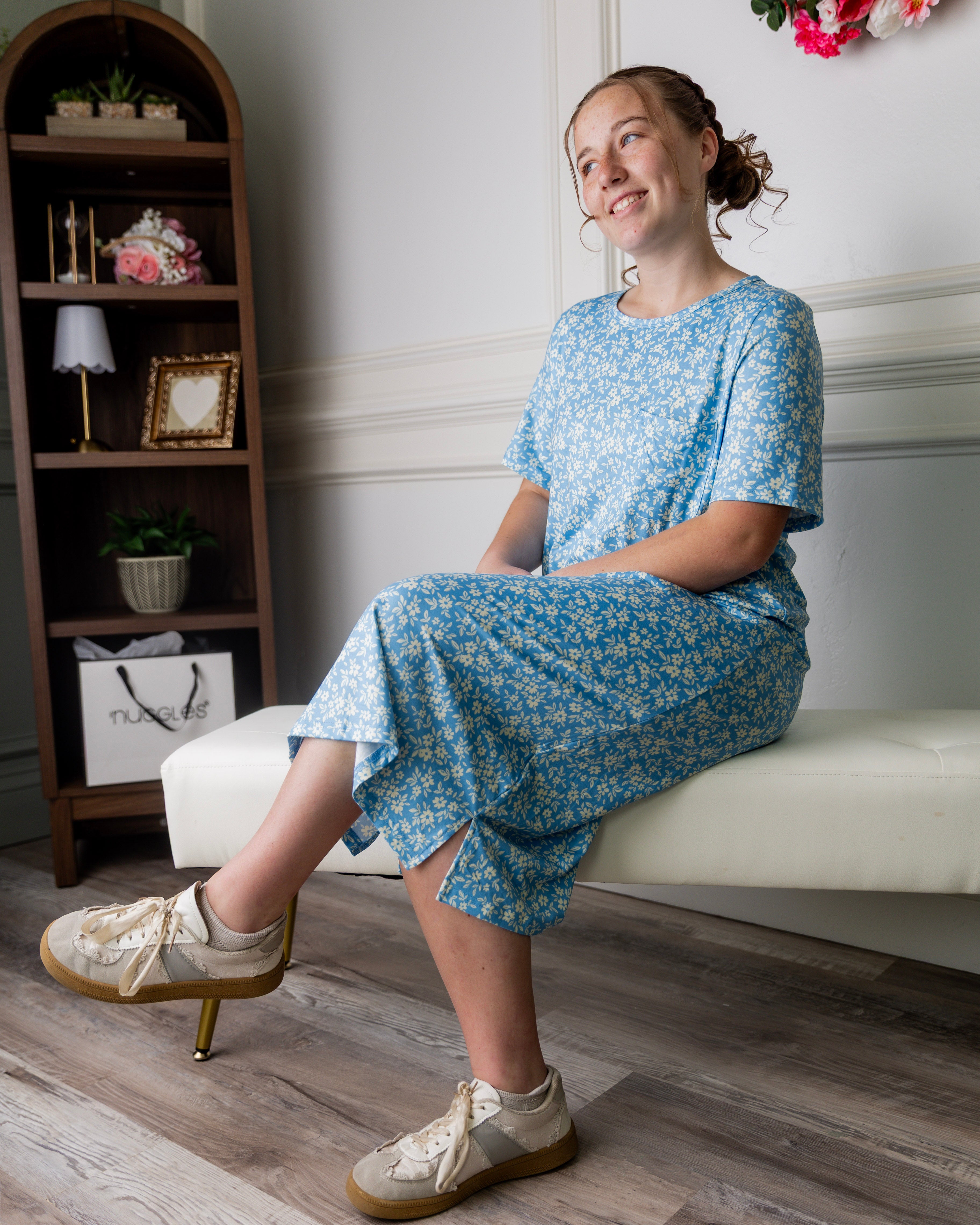Model wearing Nuggles® Aviva Dress in Bluebell Drift
