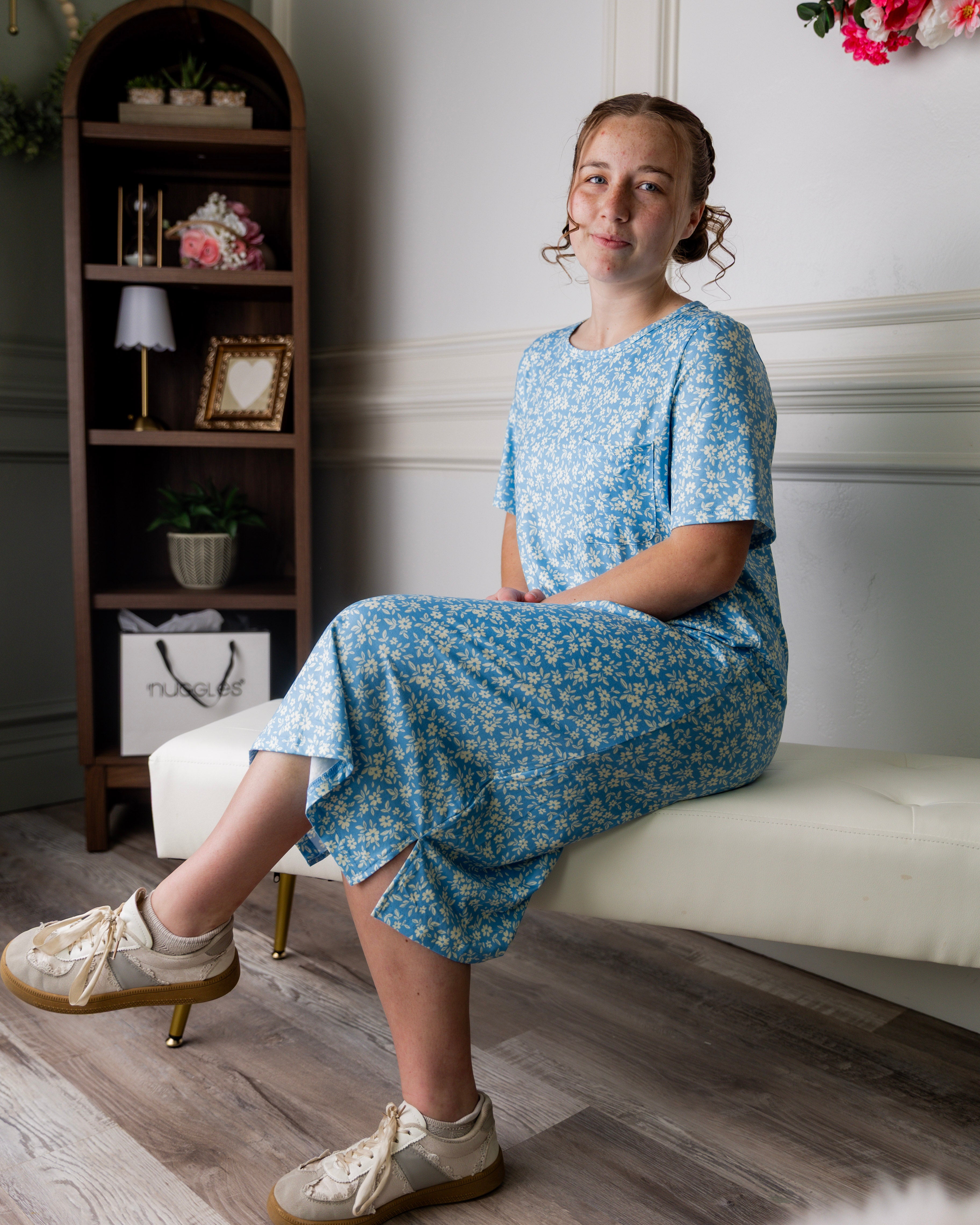 Model wearing Nuggles® Aviva Dress in Bluebell Drift