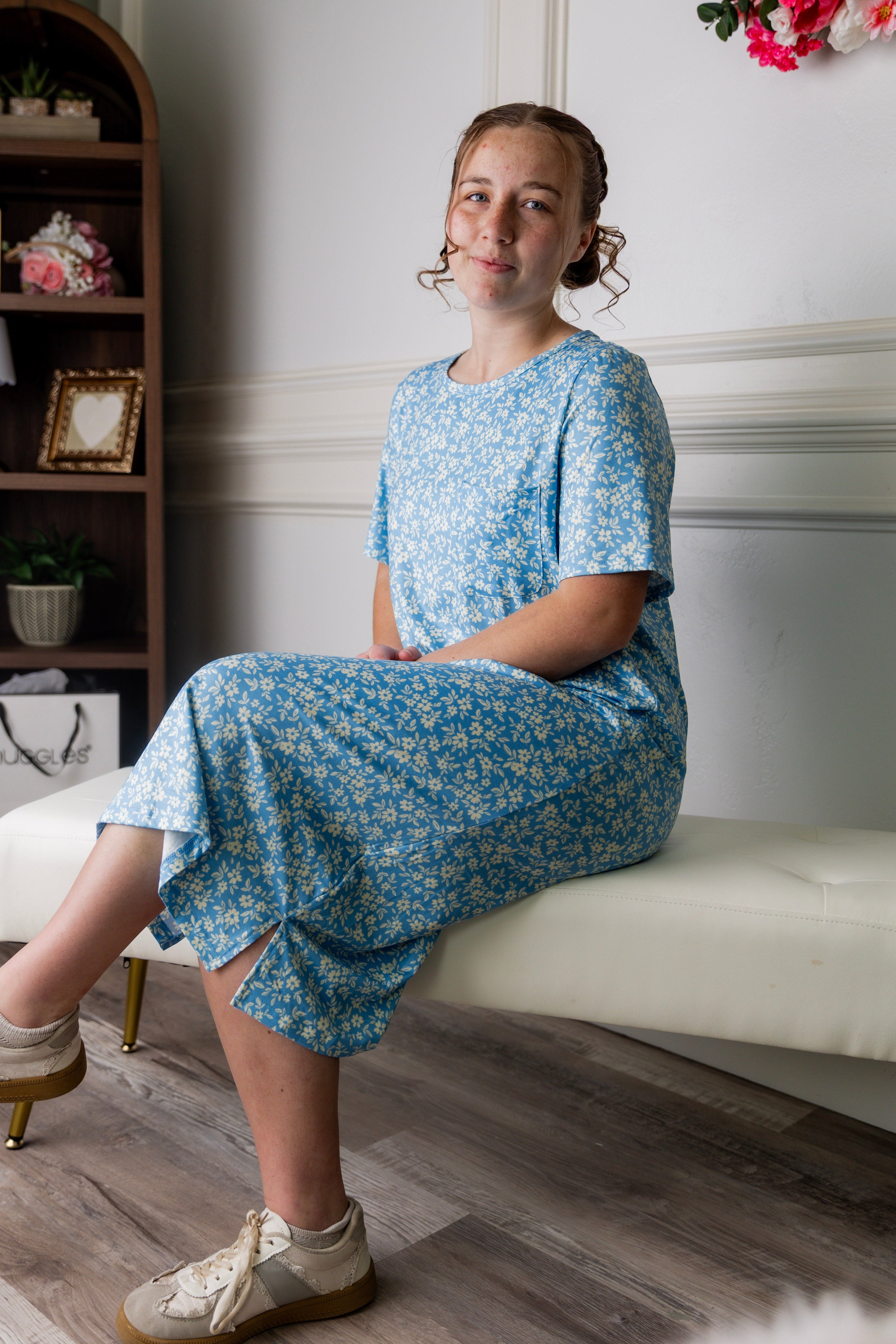 Model wearing Nuggles® Aviva Dress in Bluebell Drift