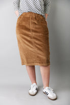 Model wearing Nuggles® 25-inch corduroy skirt
