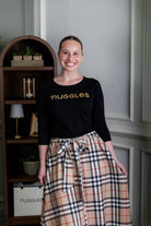 Nuggles® Bria Skirt Sand Plaid neutral plaid midi skirt with waist tie