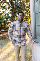 Model wearing Nuggles® Mens' Button Down Shirt Sand Plaid