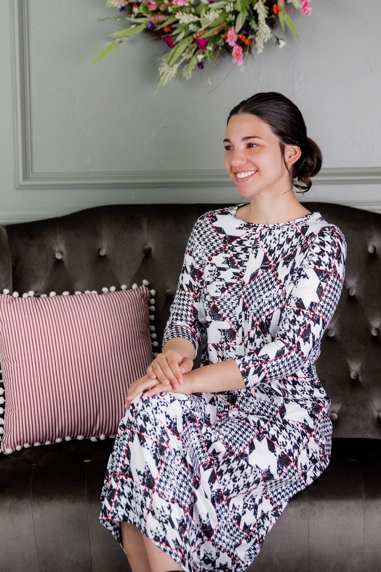 Model wearing Nuggles®  Cindy Bubble Dress in Midtown Plaid 