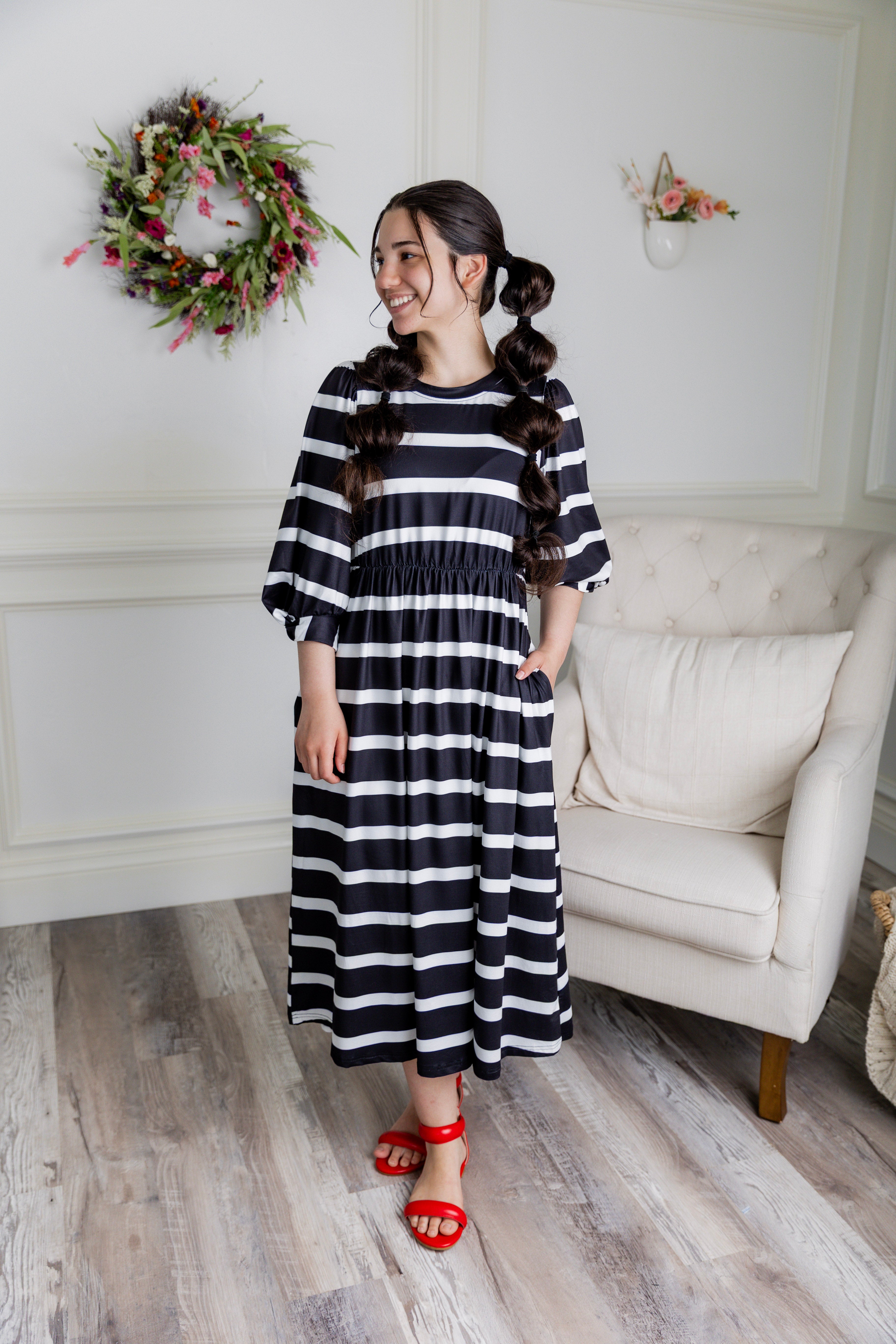 modest 3/4 sleeve midi dress pretty prints spring time