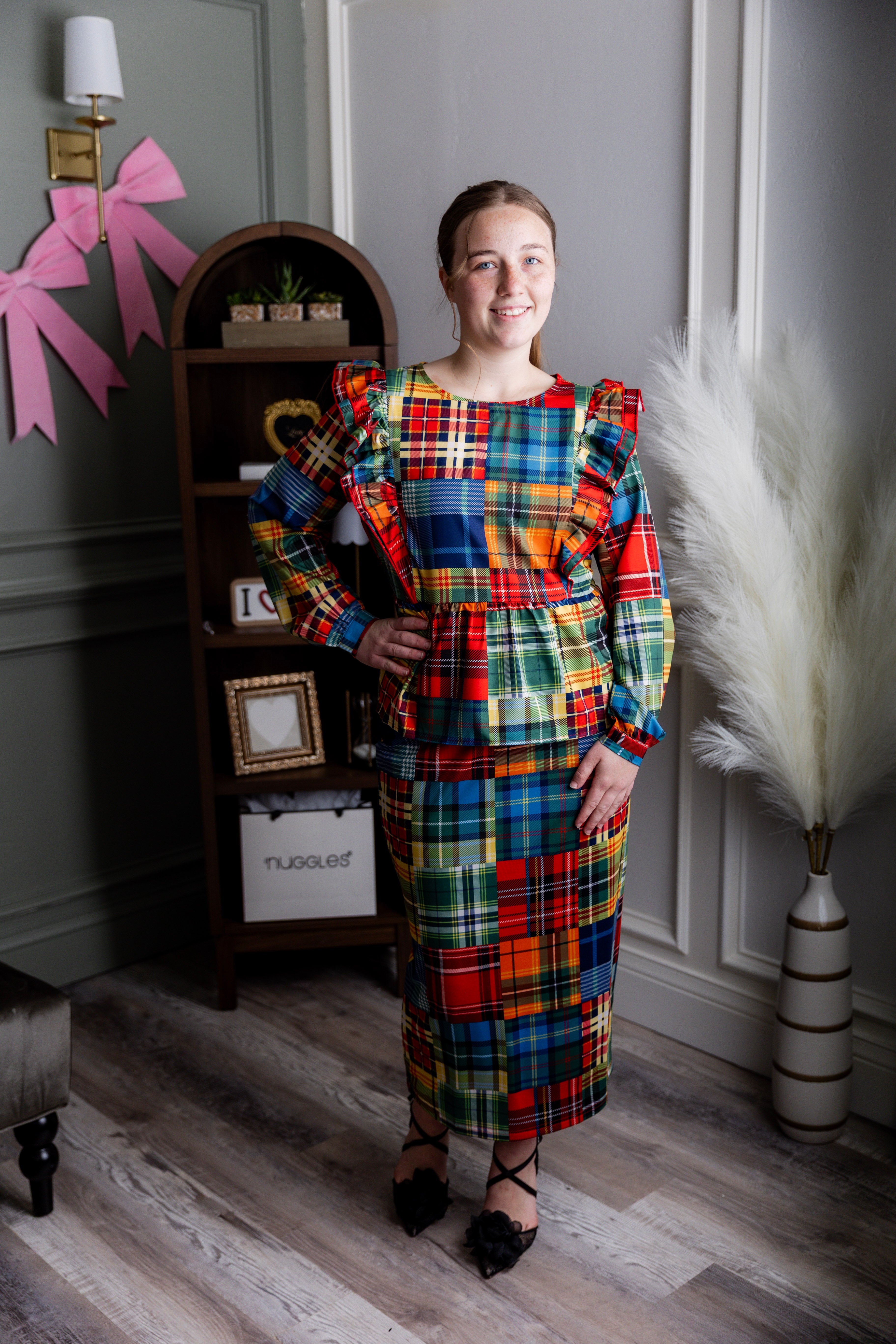 Model wearing Nuggles® Rae Top in Patch Plaid