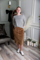 Model wearing Nuggles® 25-inch corduroy skirt