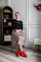 Nuggles® Bria Skirt Sand Plaid neutral plaid midi skirt with waist tie