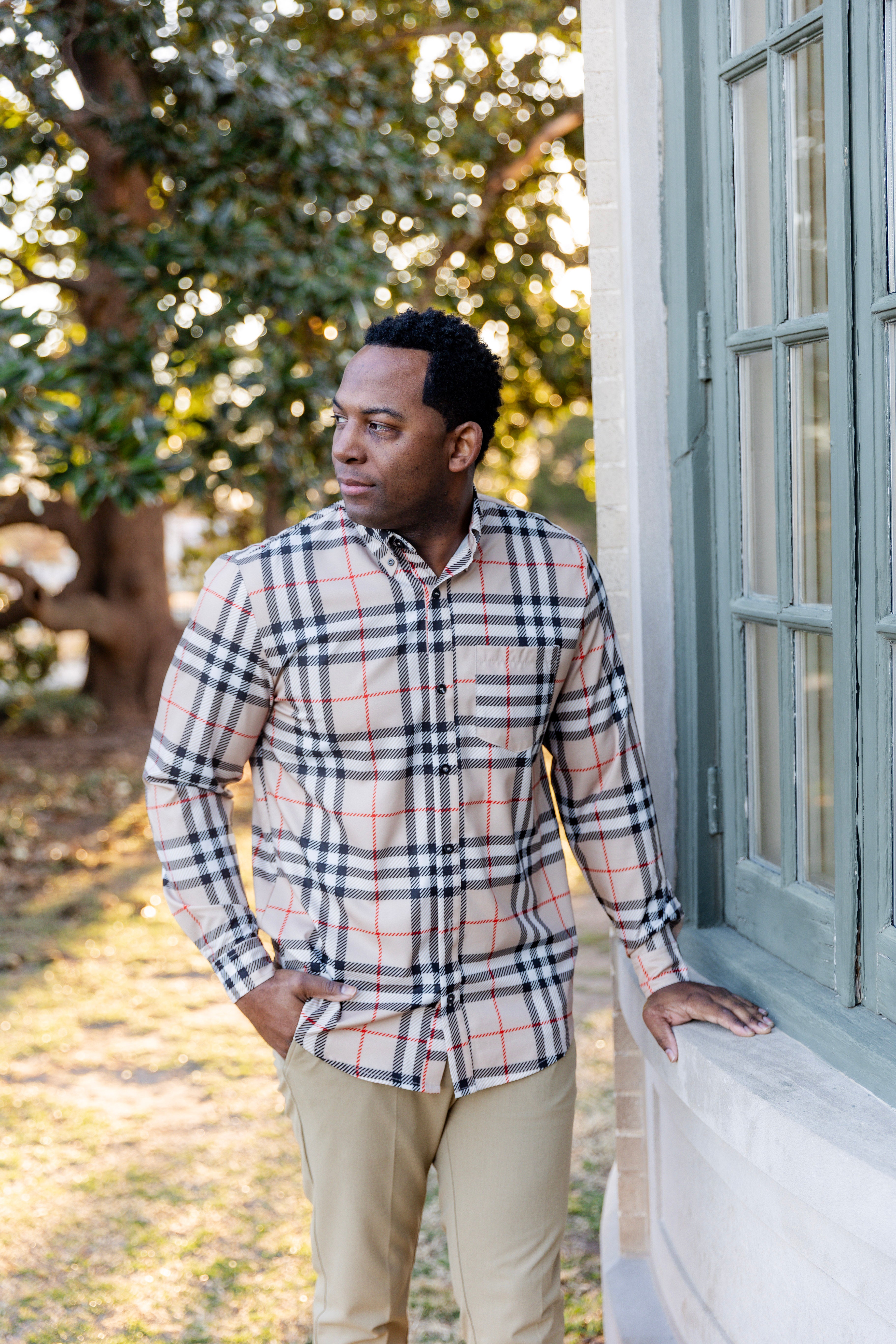 Model wearing Nuggles® Mens' Button Down Shirt Sand Plaid