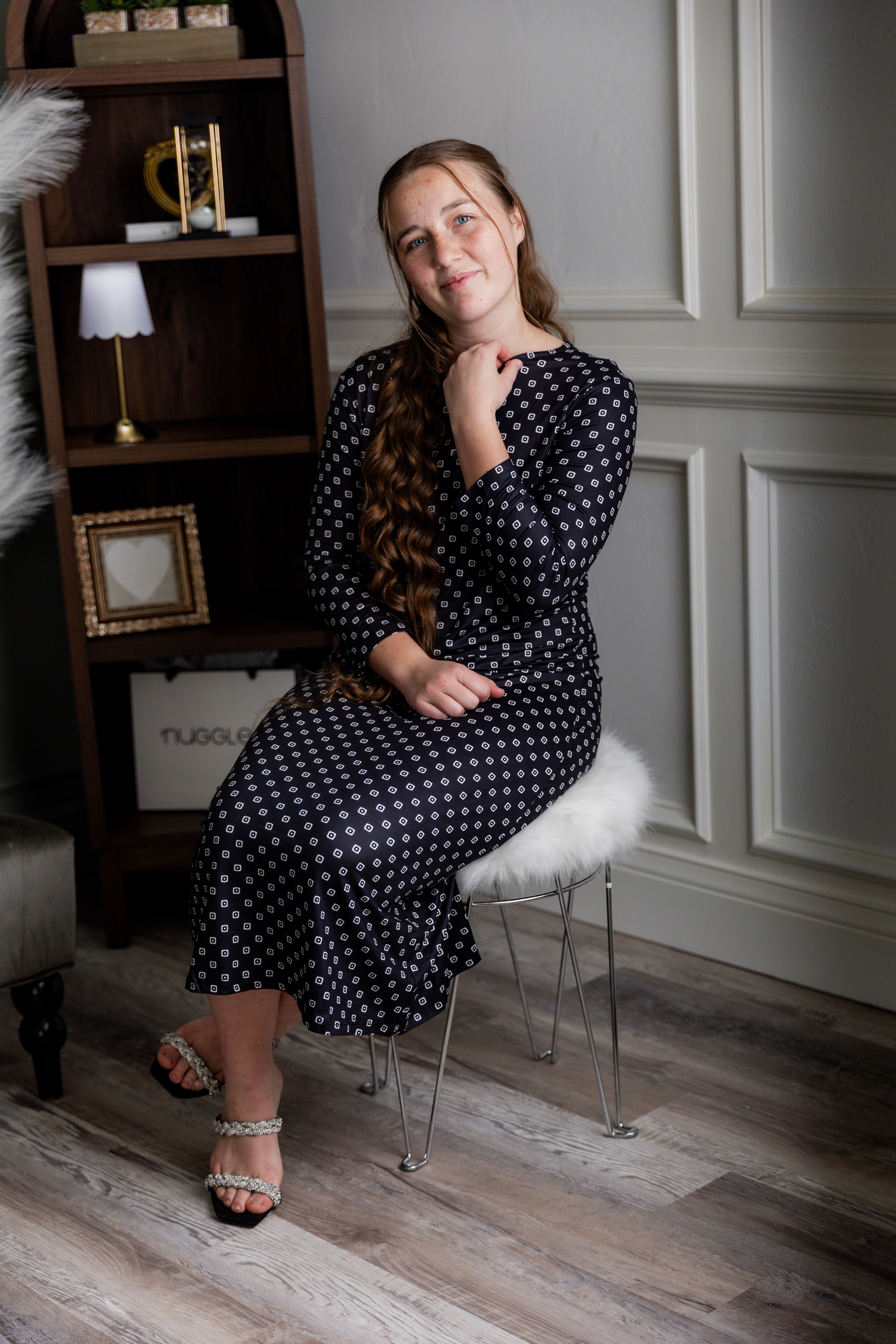 Model wearing the Nuggles® Original Midi Layering Dress in Midnight Mist