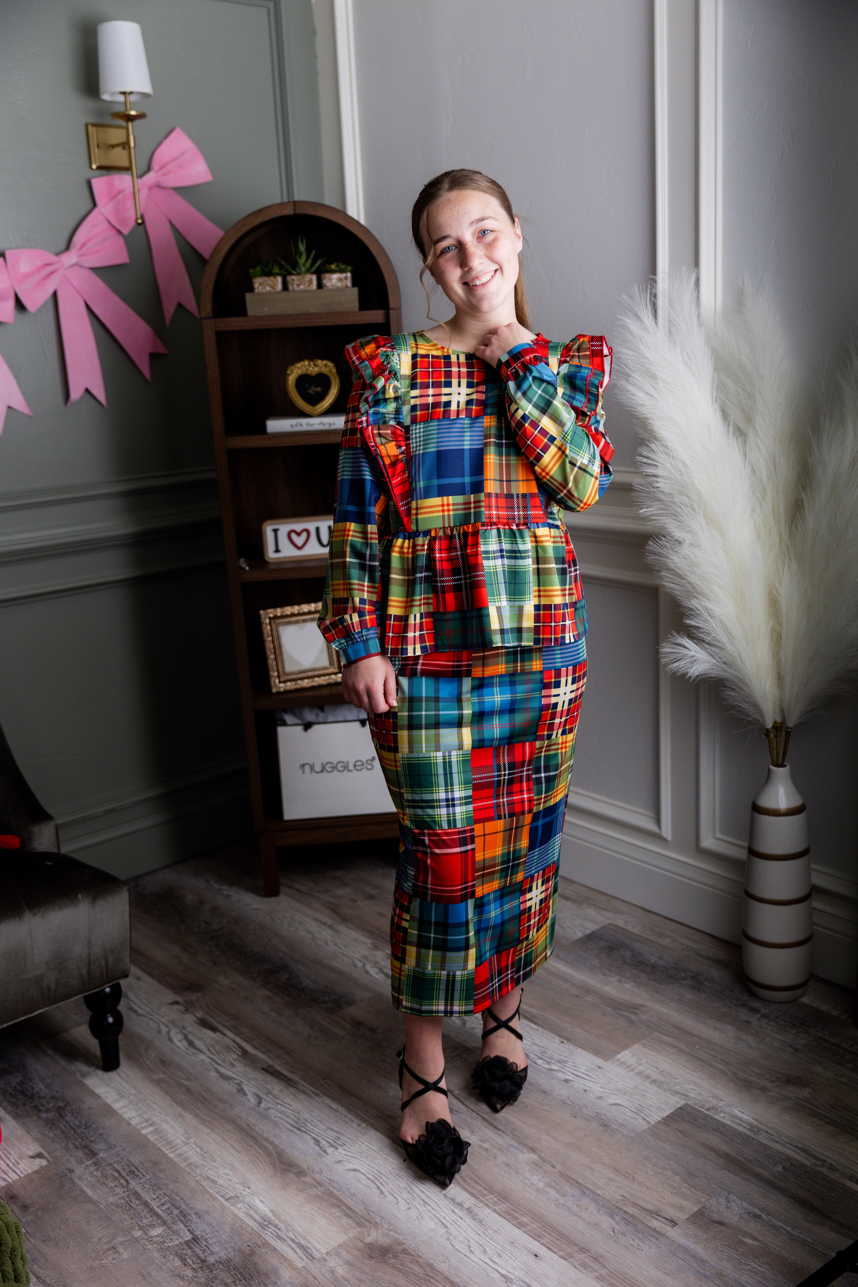 Model wearing modest Nuggles® 31" Lined Pencil Skirt in Patch Plaid