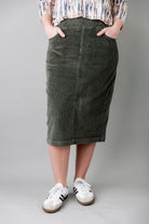 Model wearing Nuggles® 27-inch corduroy skirt