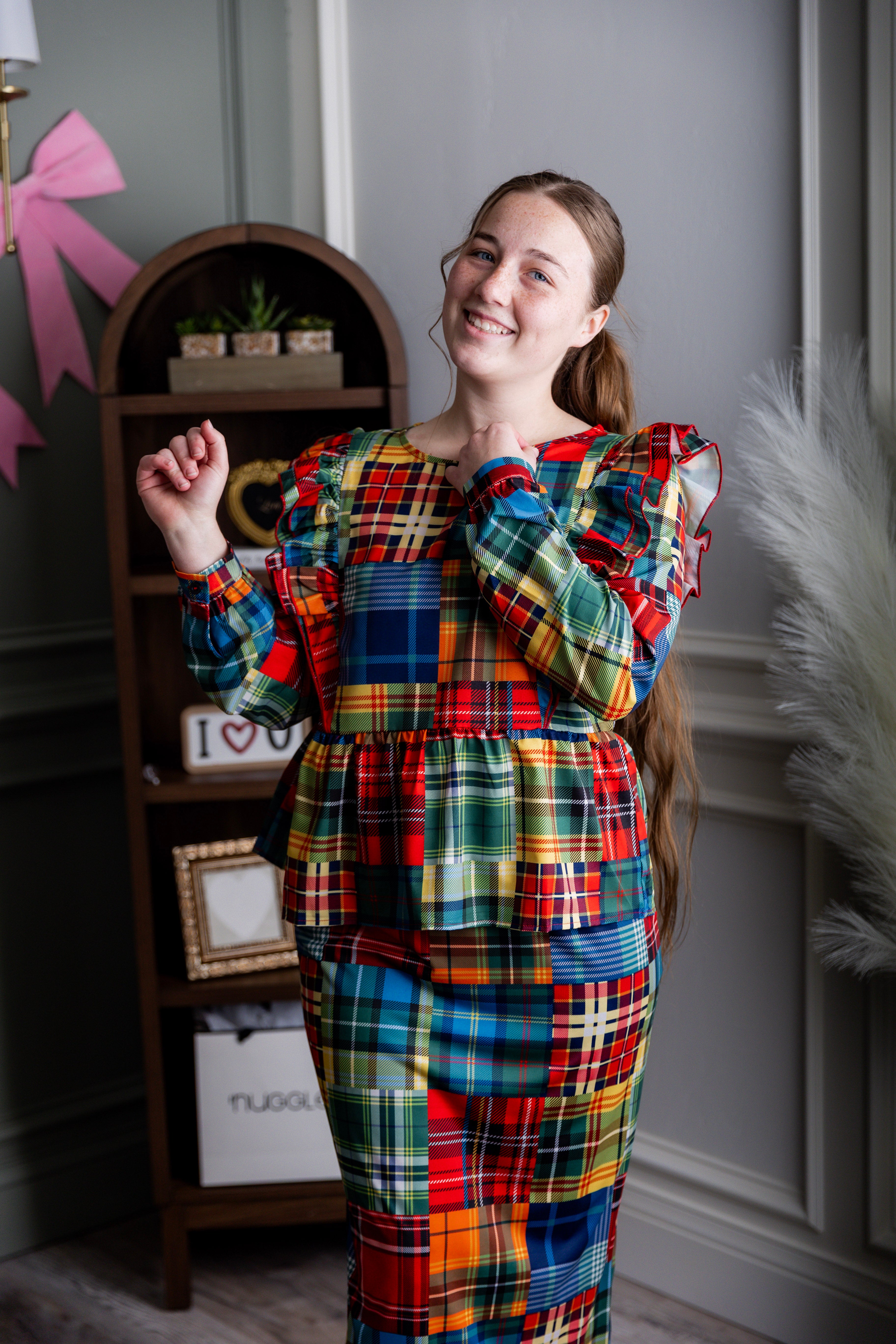 Model wearing modest Nuggles® 31" Lined Pencil Skirt in Patch Plaid