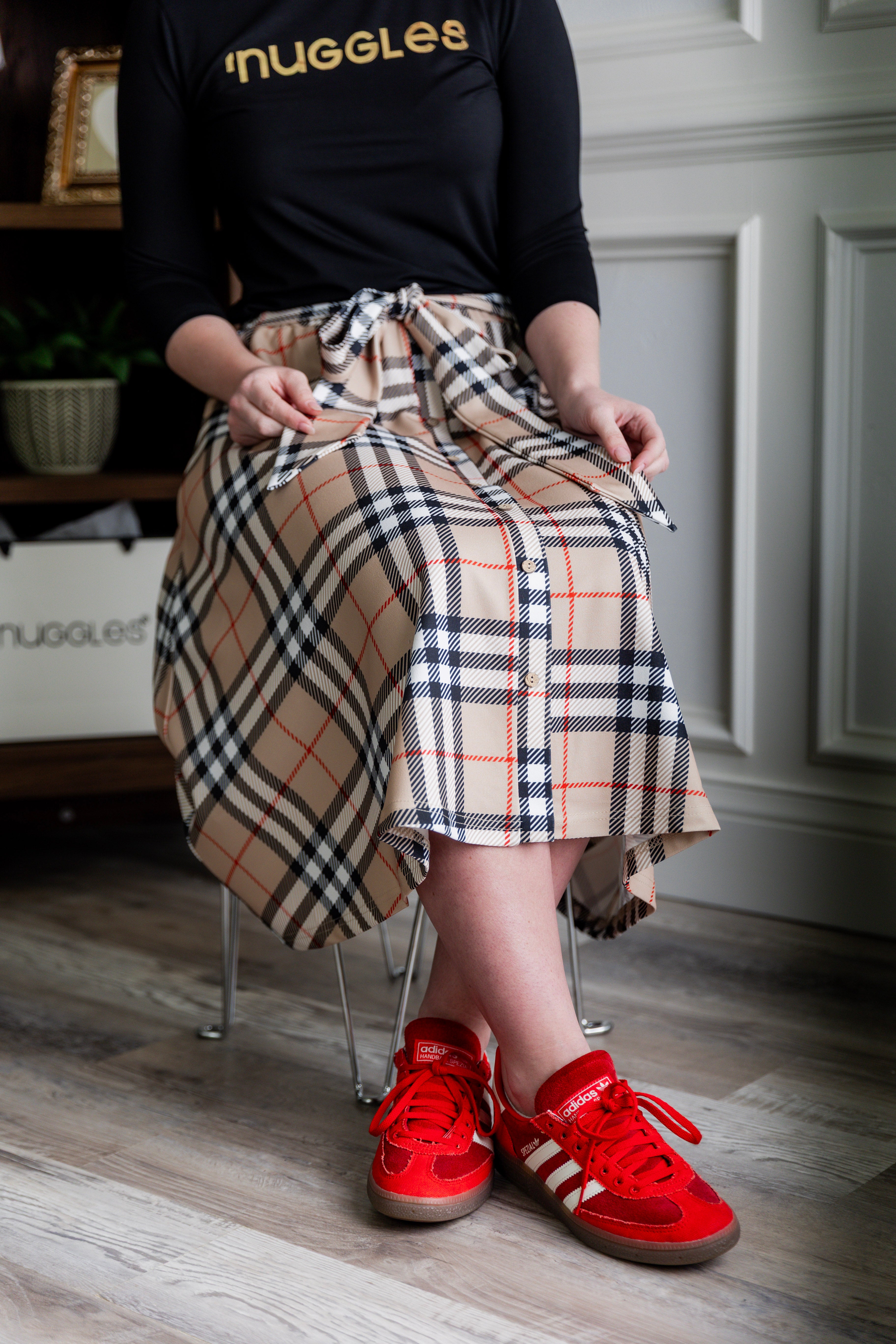 Nuggles® Bria Skirt Sand Plaid neutral plaid midi skirt with waist tie