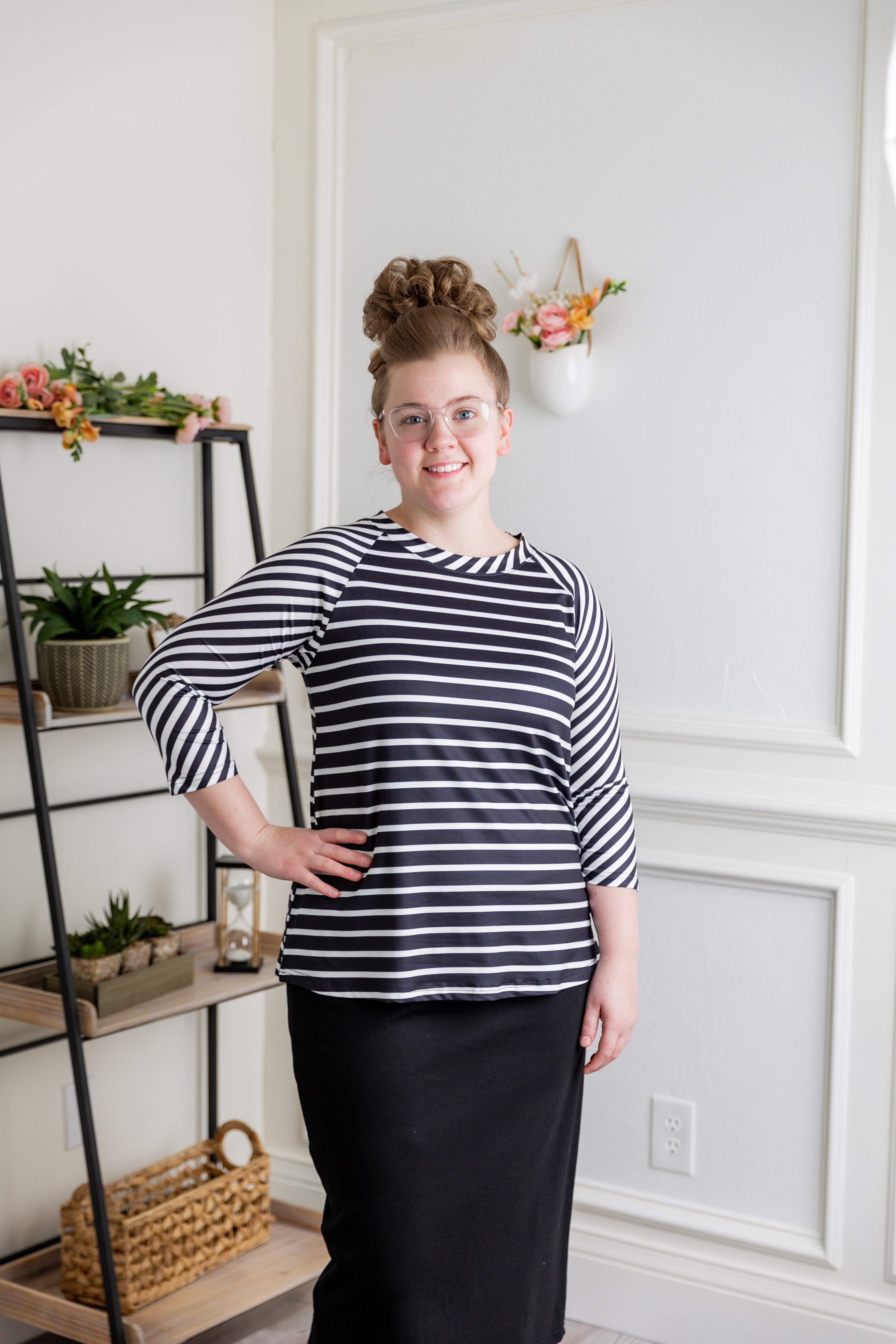 3/4 sleeve modest top contrasting prints