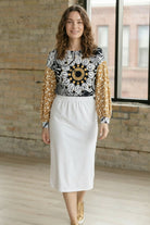 Model wearing the Nuggles® Bryauna Top in Sunlit Collage