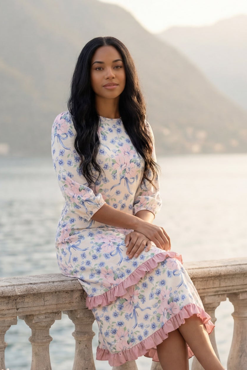 Model wearing Nuggles® Patricia Dress in Roselight Bloom