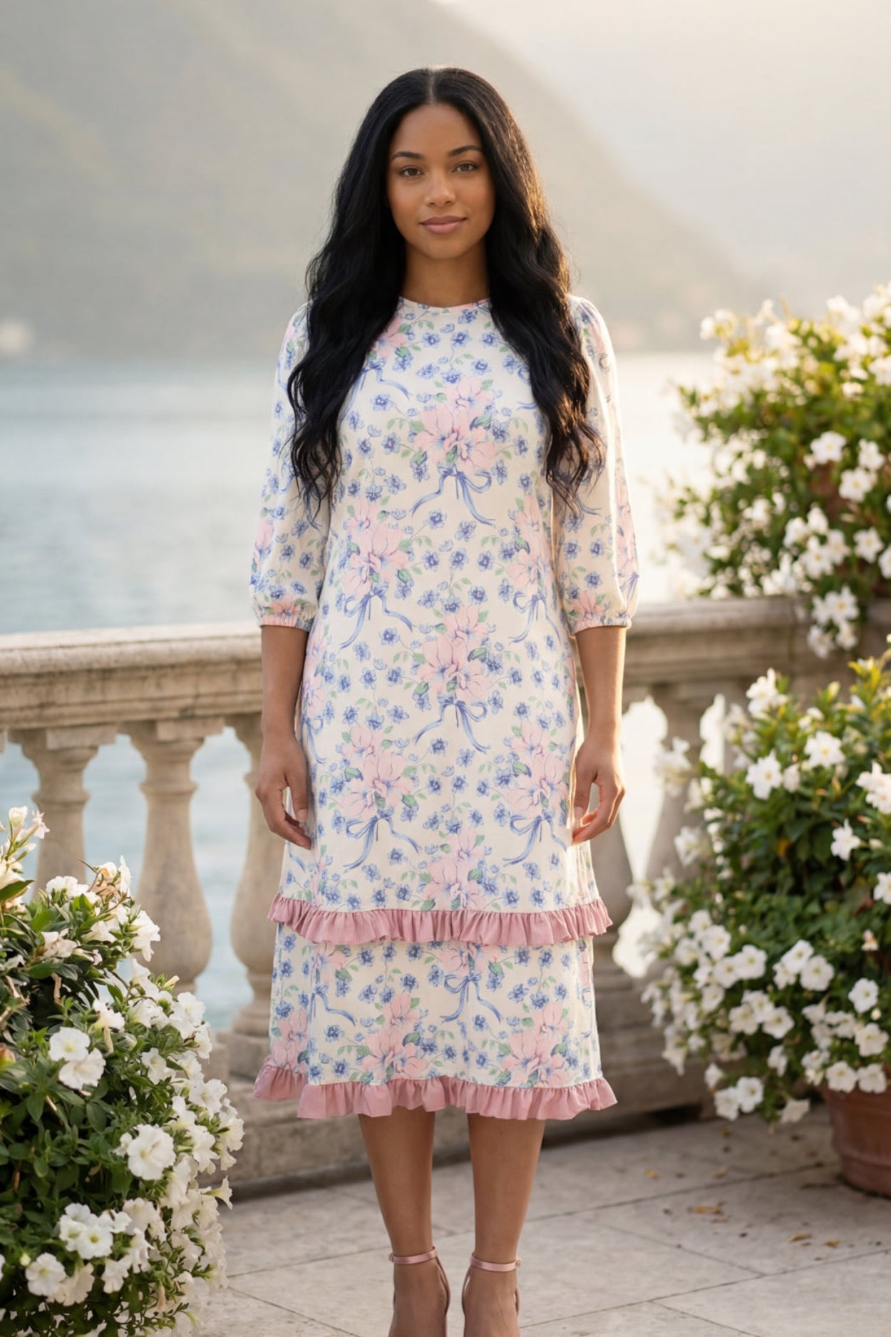 Model wearing Nuggles® Patricia Dress in Roselight Bloom