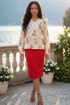 Model wearing the Nuggles® 31" All-Sport Skirt in Sky Ribbon Stripe