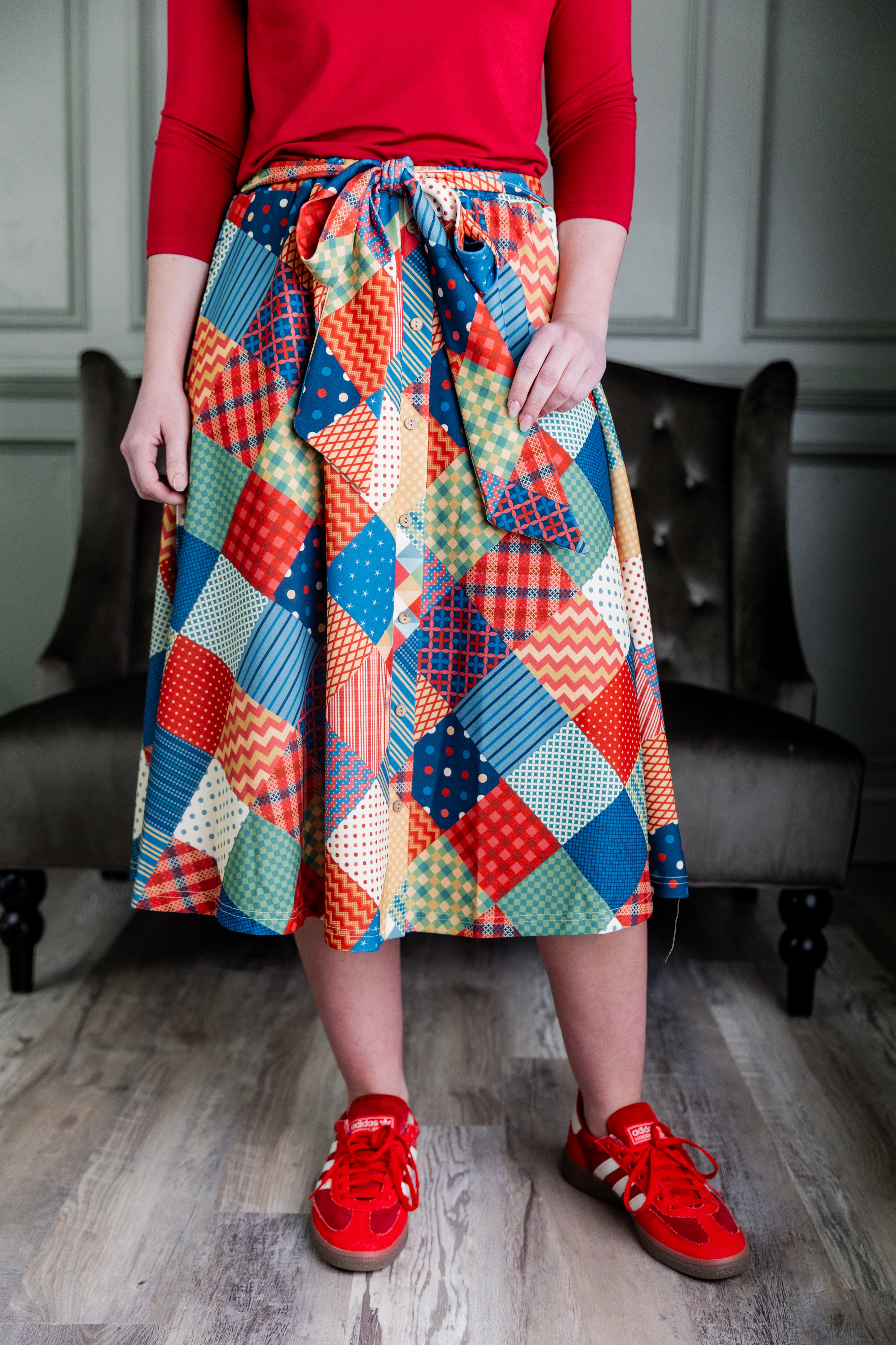 Nuggles® Bria Skirt Scrappy Sweetheart colorful patchwork midi skirt