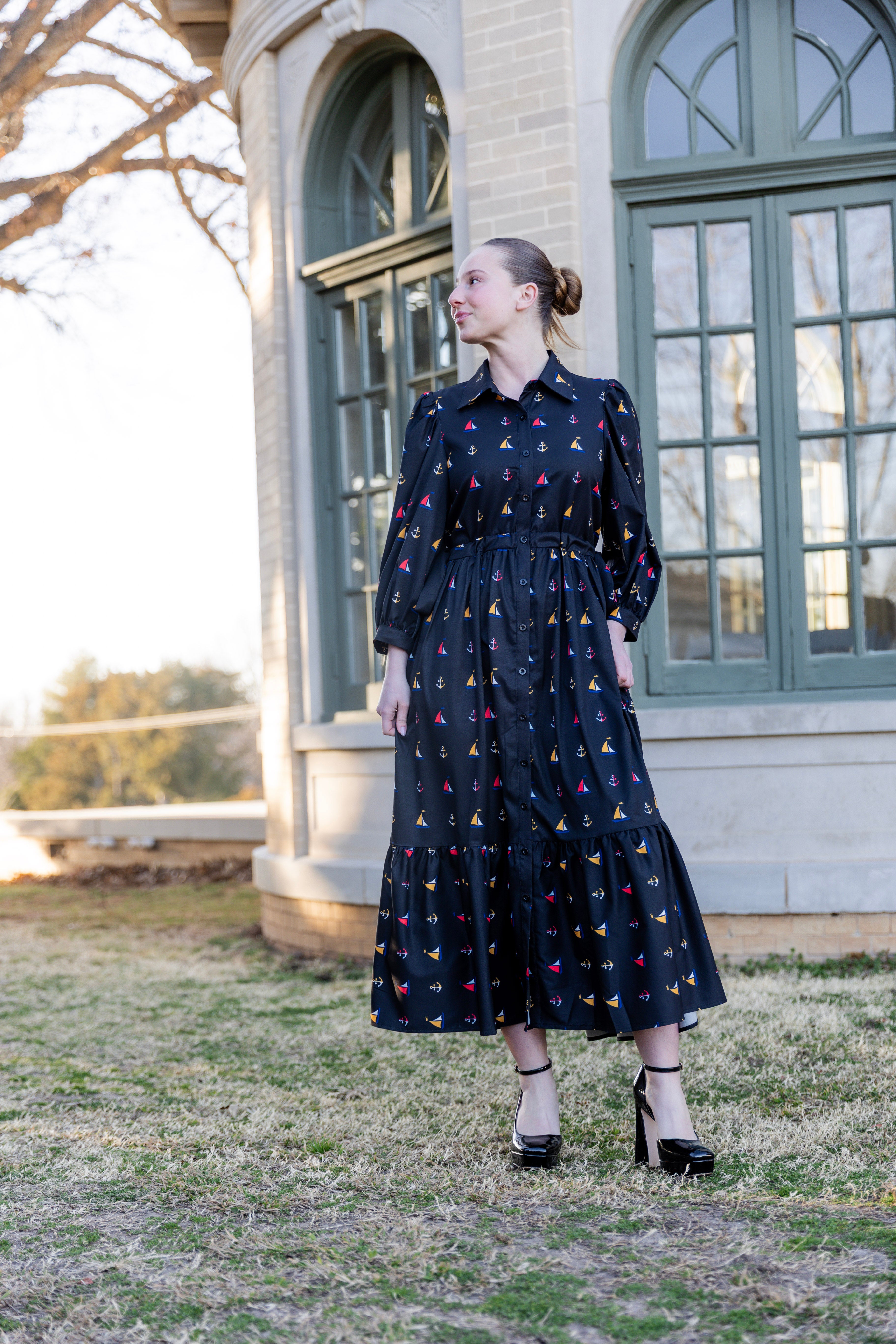 Model wearing the Nuggles® Leila Dress in Tiny Skipper