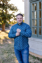 Model wearing Nuggles® Mens' Button Down Shirt Forge Tile