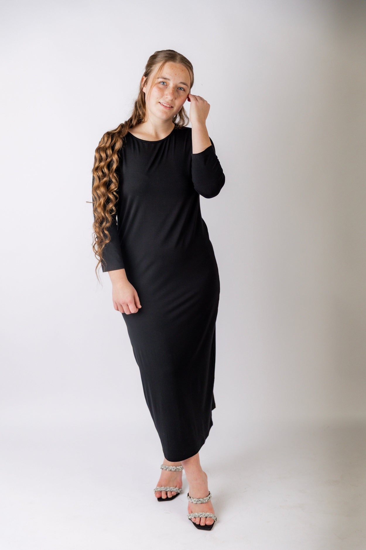 Model wearing Nuggles® Tea Layering Dress in Black