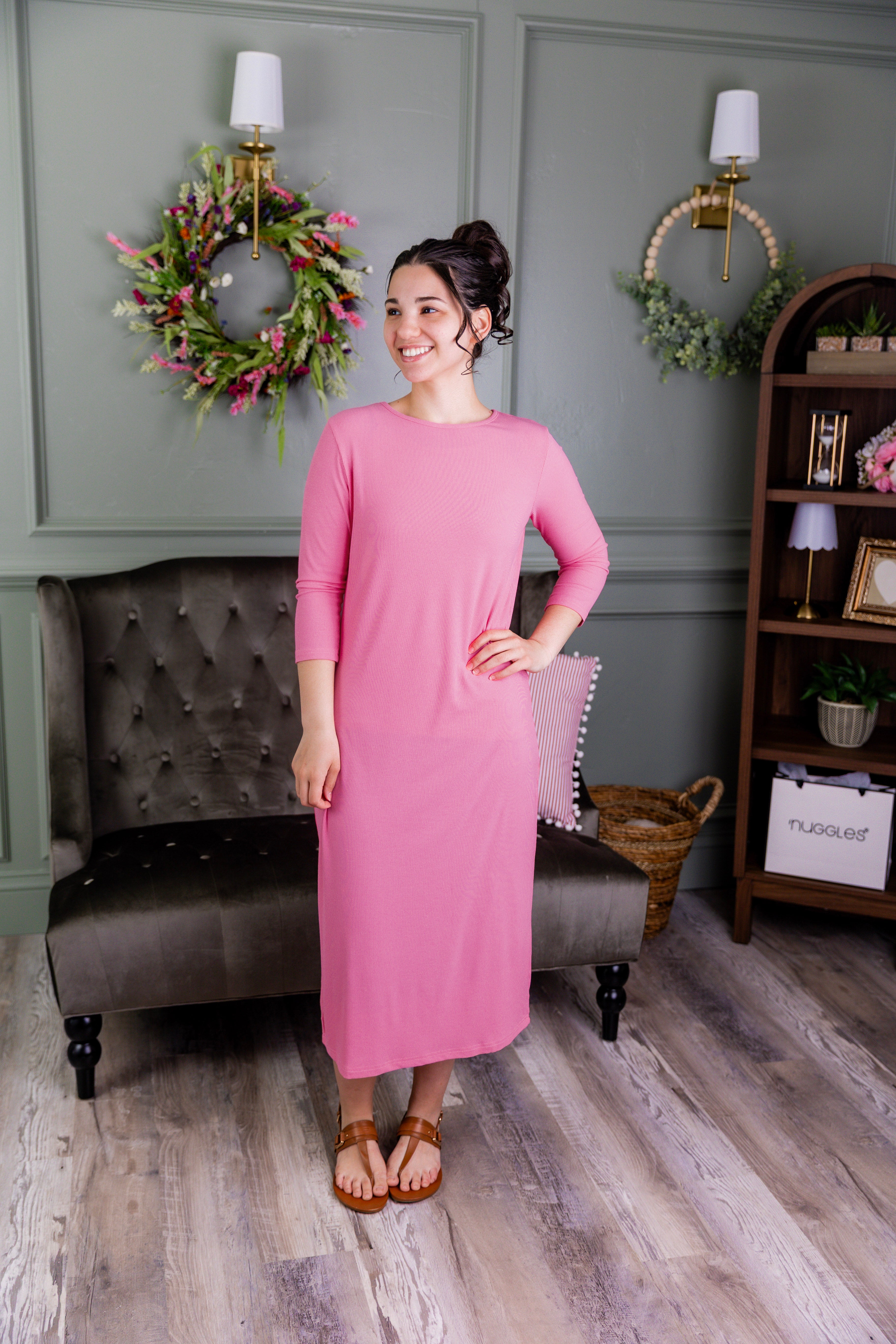 ribbed midi layering dress in pink