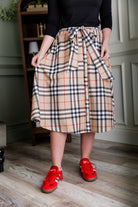 Nuggles® Bria Skirt Sand Plaid neutral plaid midi skirt with waist tie