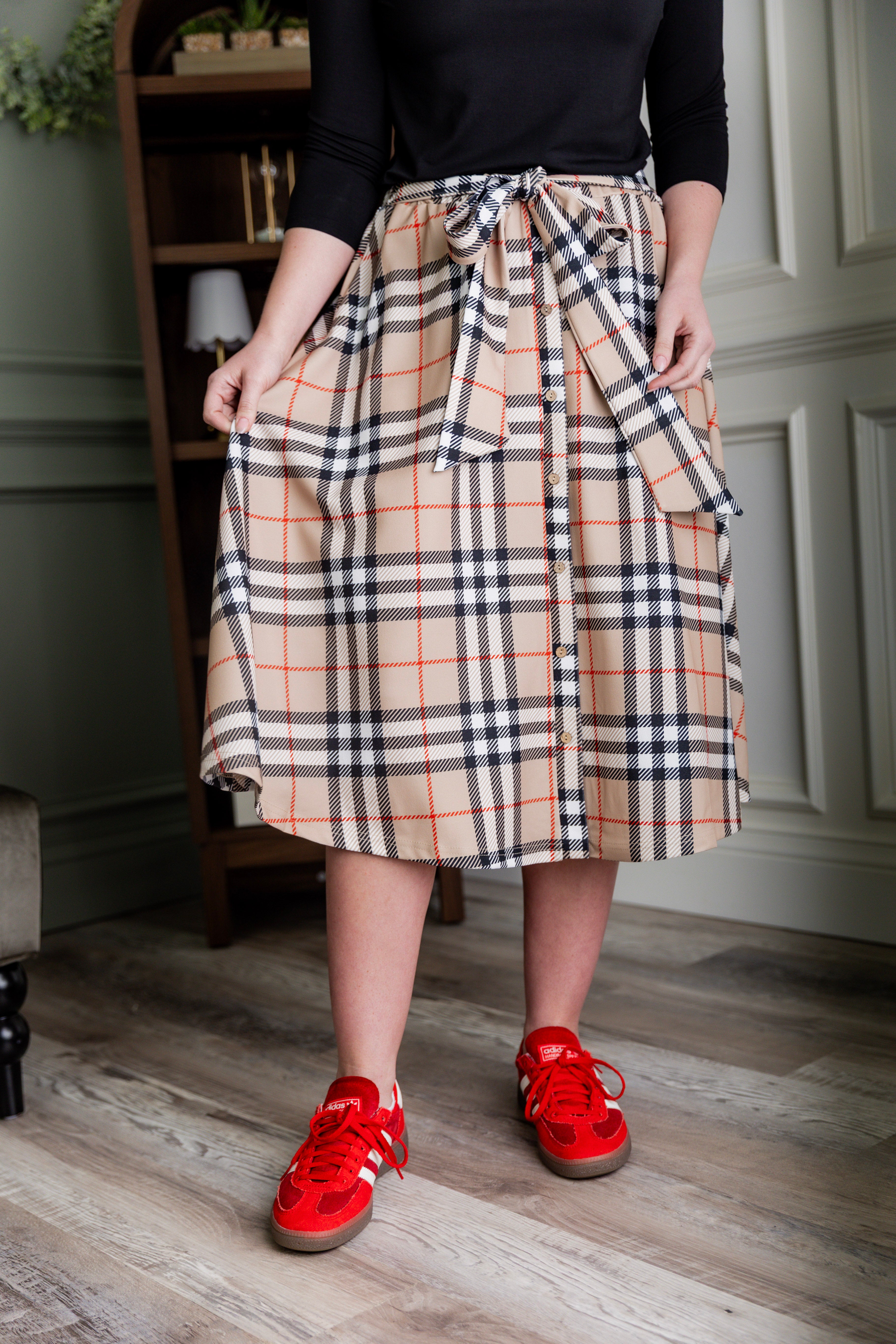 Nuggles® Bria Skirt Sand Plaid neutral plaid midi skirt with waist tie