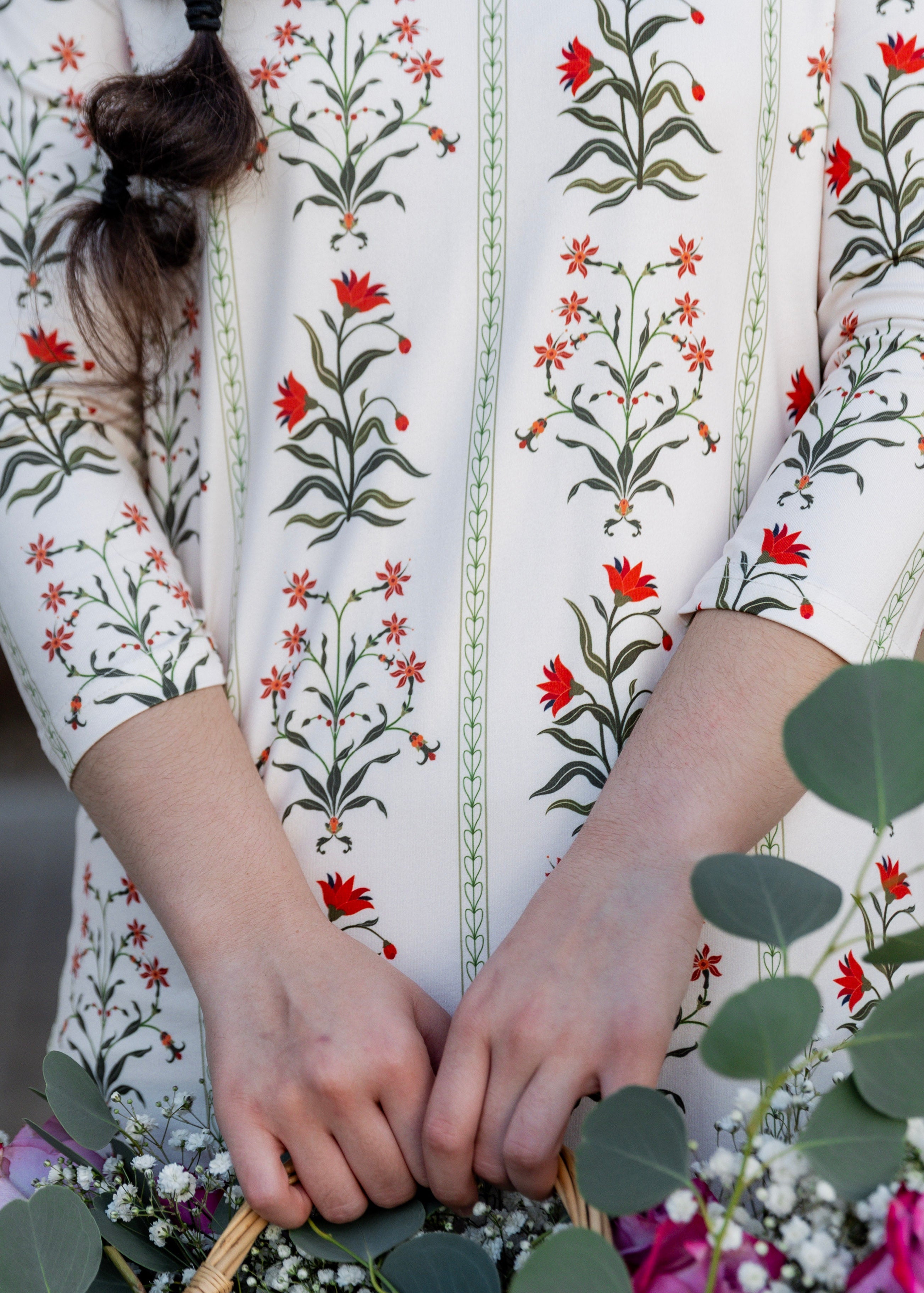 Models wearing Nuggles®  original midi layering dress in print