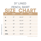 Nuggles® size chart for 31" lined pencil skirt showing waist, hip, and length measurements by size.