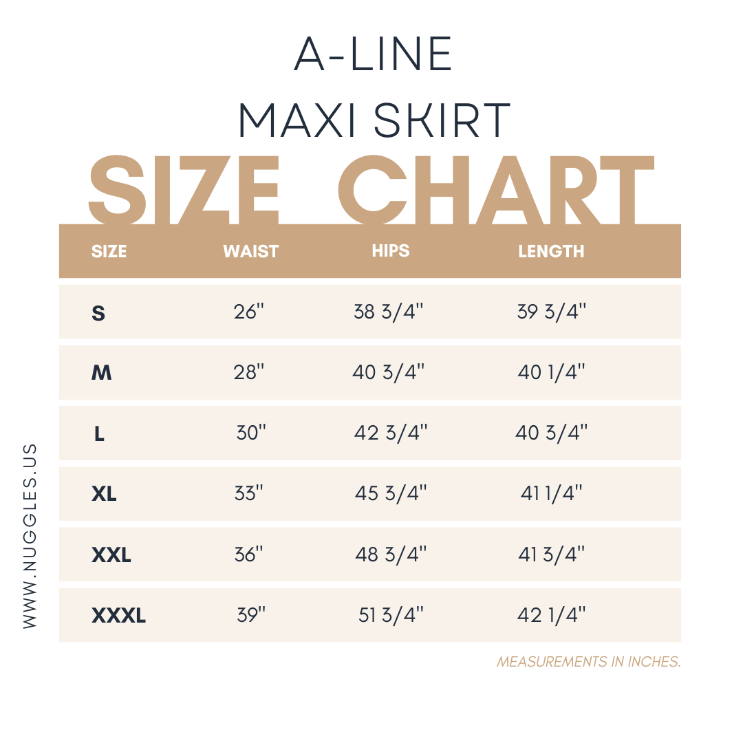 Detailed size chart for Nuggles® A-Line Maxi Skirt in multiple lengths