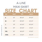 Detailed size chart for Nuggles® A-Line Maxi Skirt in multiple lengths