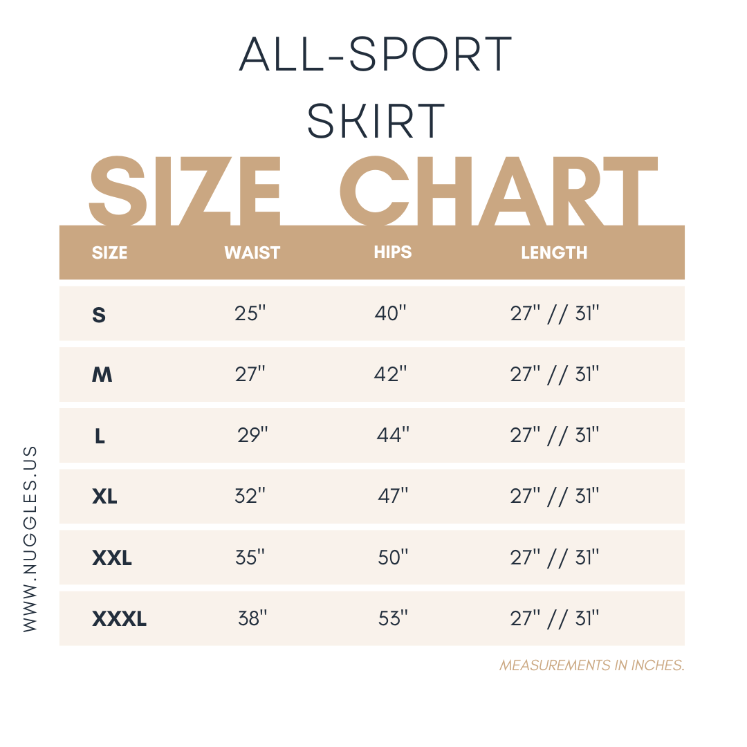 All-Sport Skirt size chart from Nuggles® showing waist, hip, and length measurements in inches for sizes S to XXXL. Lengths available in 27'' and 31''."