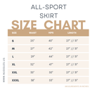 All-Sport Skirt size chart from Nuggles® showing waist, hip, and length measurements in inches for sizes S to XXXL. Lengths available in 27'' and 31''."