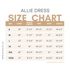 Nuggles® Allie Dress size chart – measurements for chest, waist, hip, and dress length in inches.