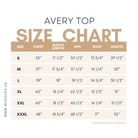 Size chart for the Avery Top by Nuggles®, showing measurements in inches for sizes S through XXXL, including chest, sleeve length, hips, bicep, and length.