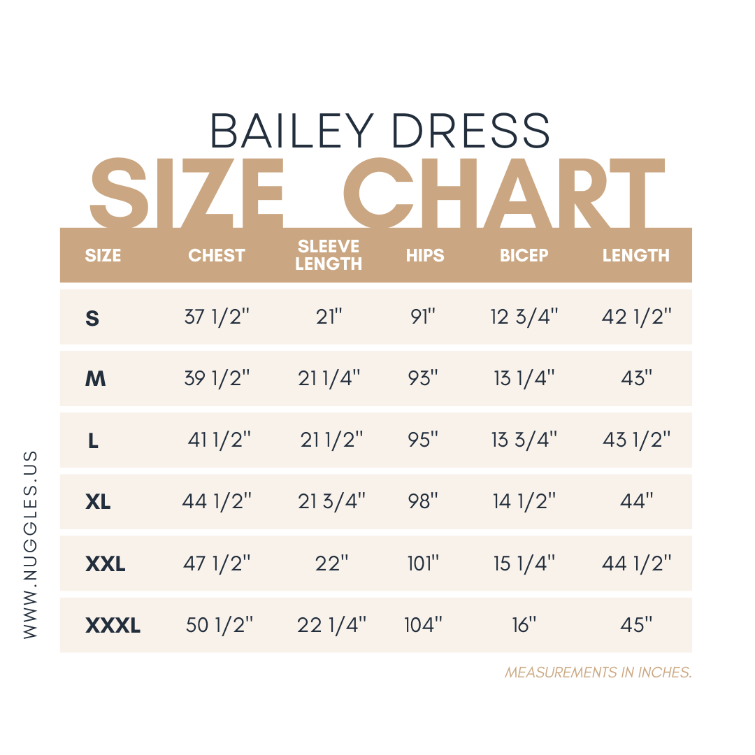 Size chart for the Nuggles® Bailey Dress with measurements in inches.