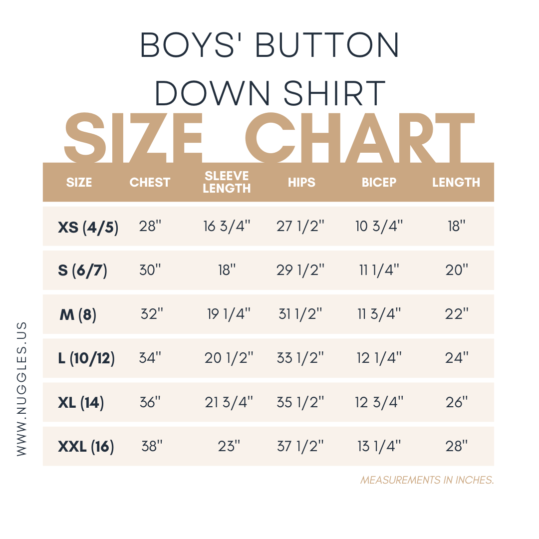 Size chart for Nuggles® Boys' Button Down Shirt with measurements in inches