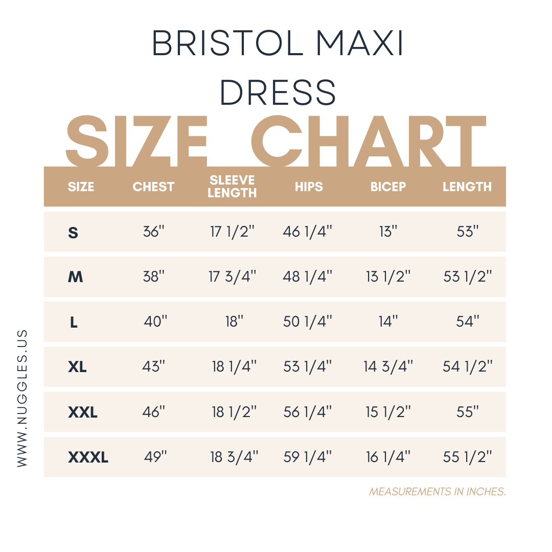 Size chart for Nuggles® Maxi Bristol Dress showing measurements for bust, waist, hips, and length.