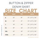 Size chart for Nuggles® Denim Skirt showing waist, hip, and length measurements for sizes S to XXXL in inches.