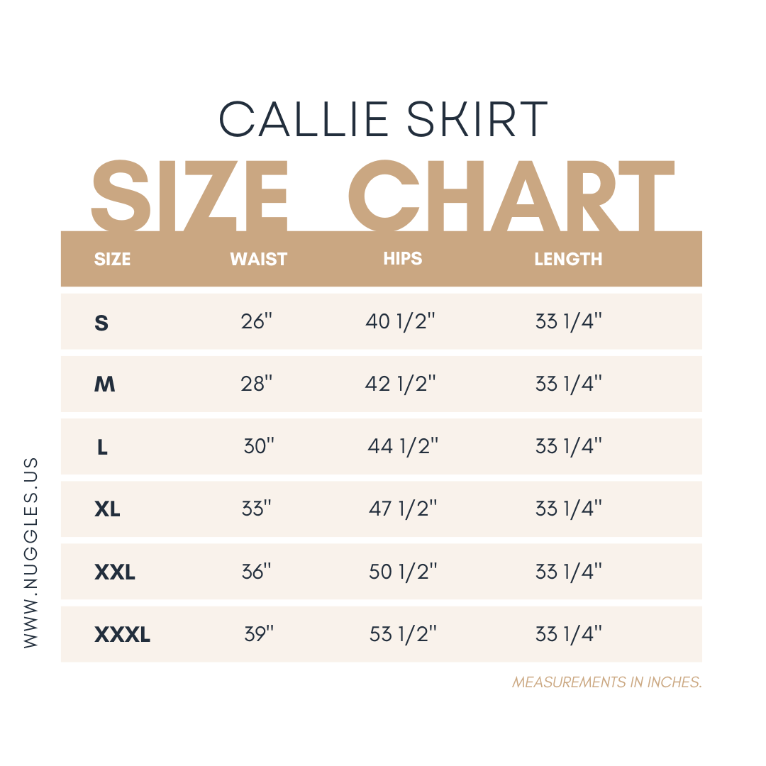 The Nuggles® Callie Skirt size chart with measurements in inches