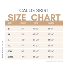 The Nuggles® Callie Skirt size chart with measurements in inches