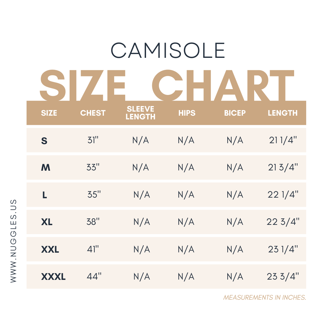 Nuggles® camisole size chart showing sizes S to XXL with corresponding chest measurements in inches.